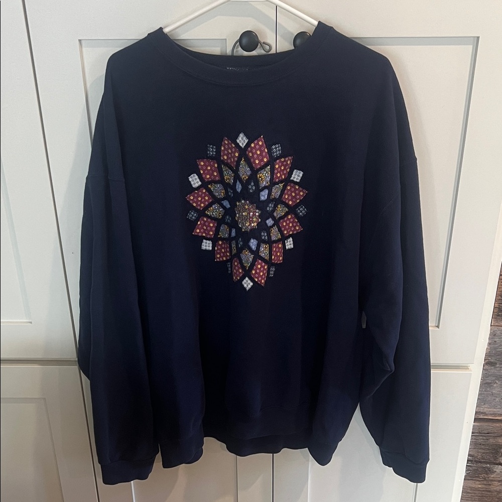 Vintage Navy Blue Sweatshirt with Quilt Mandala Design